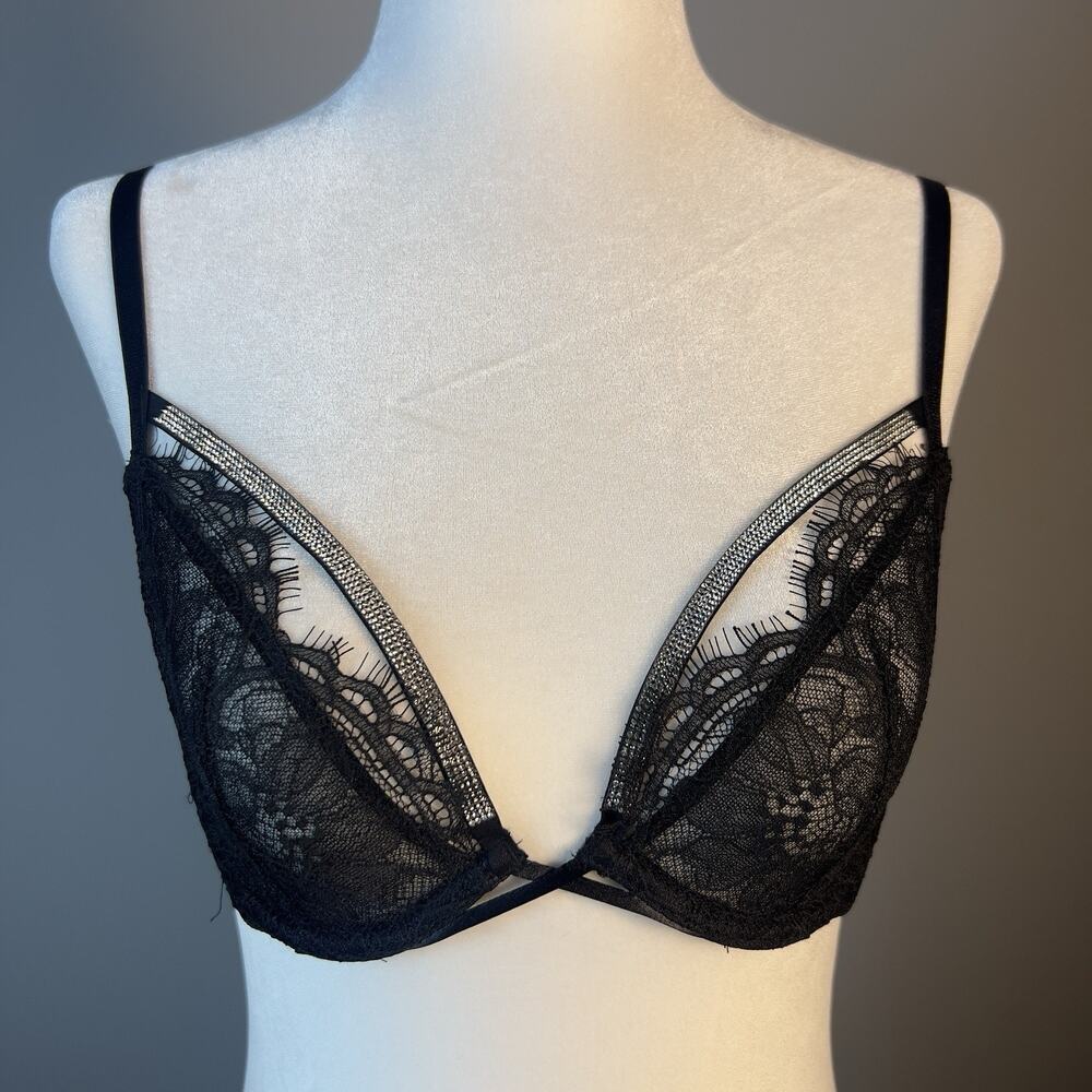 Victoria's Secret Very Sexy Low Cut Demi Bra With Rhinestones Black 32B NWT‎